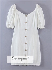 White Casual Single-breasted v Neck Short Puff Sleeve Mini Dress With Tie Back Detail V Sun-Imperial United States