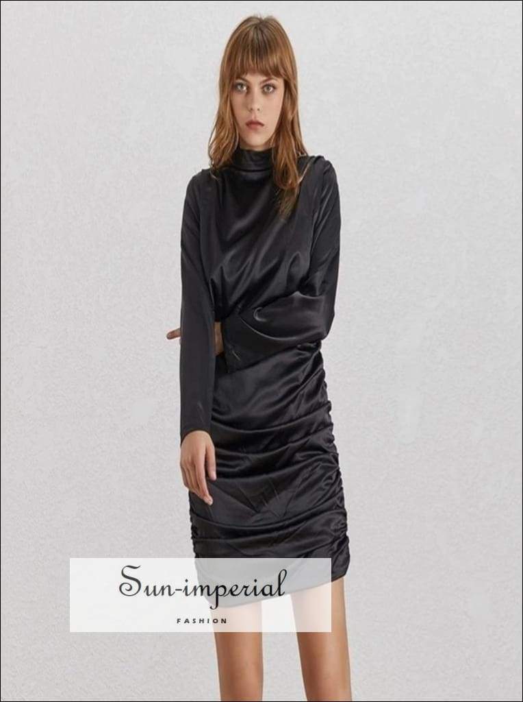 Sun-imperial - jayleen dress- summer solid ruched mini dress for women turtle neck collar long White / S Sun-imperial - jayleen dress- summer solid ruched mini dress for women turtle neck collar long White / S