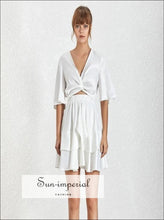 Jess Dress - Satin Solid Black and White Elegant A-line Mini V Neck Half Sleeve High Waist Clothes Summer, Sleeve, Neck, vintage, 