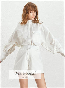 Jessica Two Piece Pants Set - Casual Women Suit Turtleneck Lantern Sleeve Shirt High Waist Button 2 piece, piece set, Ankle Length Pants, 
