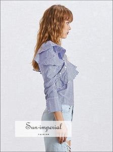 Jillian top - off Shoulder Skew Collar Women Shirt Ruffle Long Sleeve Striped Blouse