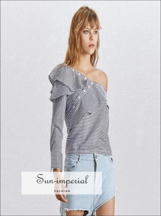 Jillian top - off Shoulder Skew Collar Women Shirt Ruffle Long Sleeve Striped Blouse