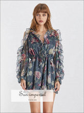 Joanna Romper - Summer Print Women’s Playsuits V Neck Flare Sleeve off Shoulder High Waist Slim Lace Sleeve, Up, Print, Neck, vintage 
