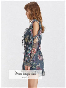 Joanna Romper - Summer Print Women’s Playsuits V Neck Flare Sleeve off Shoulder High Waist Slim Lace Sleeve, Up, Print, Neck, vintage 