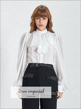 Johanna top - Solid Black and White Women Chiffon Sheer Blouse Lantern Long Sleeve Buttoned top