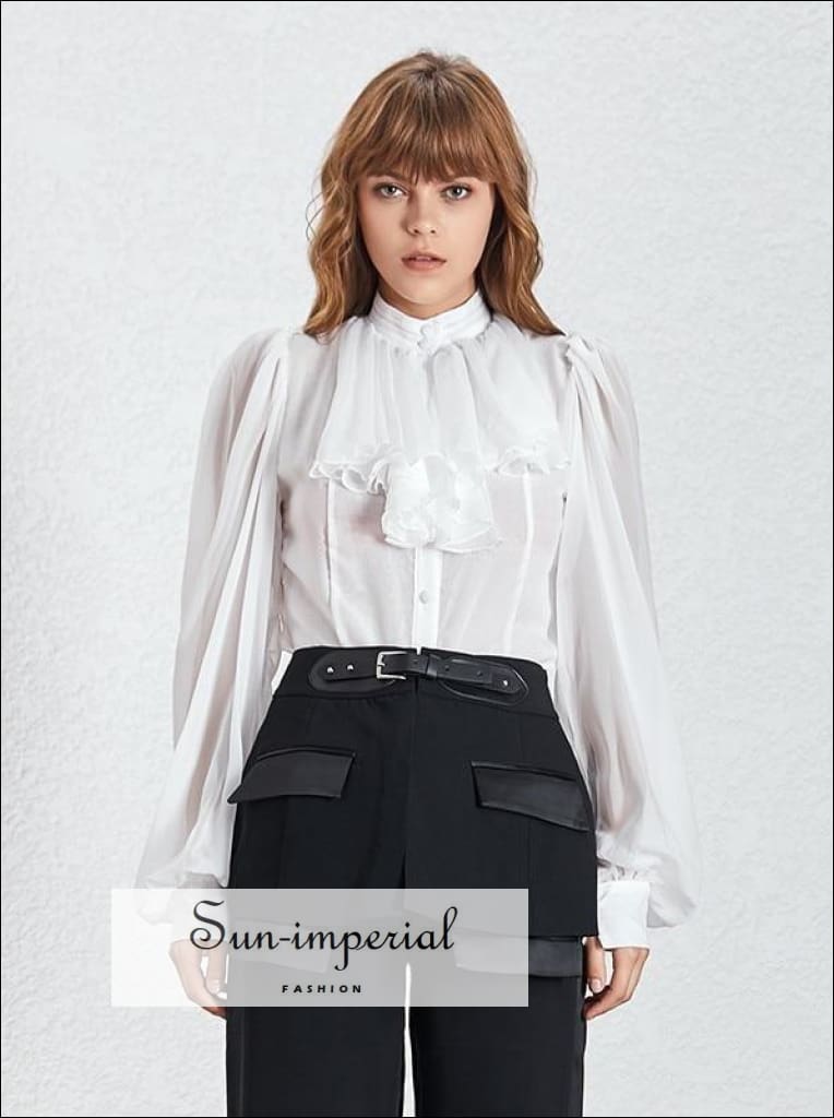 Johanna top - Solid White Women Chiffon Sheer Blouse Lantern Long Sleeve Buttoned top