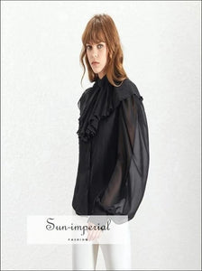 Johanna top - Solid Black and White Women Chiffon Sheer Blouse Lantern Long Sleeve Buttoned top