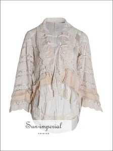 Jose top - Vintage Lace Loose Shirt Long Sleeve Champagne top for Women Lapel Collar Flare Sleeve