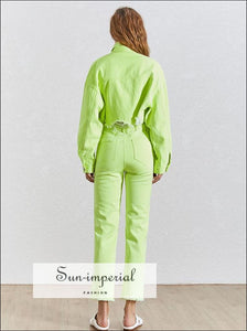 Sun-Imperial Josephine Denim Set - Green Denim Two Piece Sets Women Long Sleeve Lapel Collar Jackets High Waist