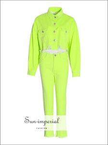 Sun-Imperial Josephine Denim Set - Green Denim Two Piece Sets Women Long Sleeve Lapel Collar Jackets High Waist