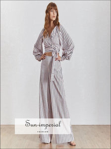 Sun-Imperial Julian Pants Set - Striped Women Two Piece Wide Leg Pants Set Tie Warp Long Lantern Sleeve Blouse