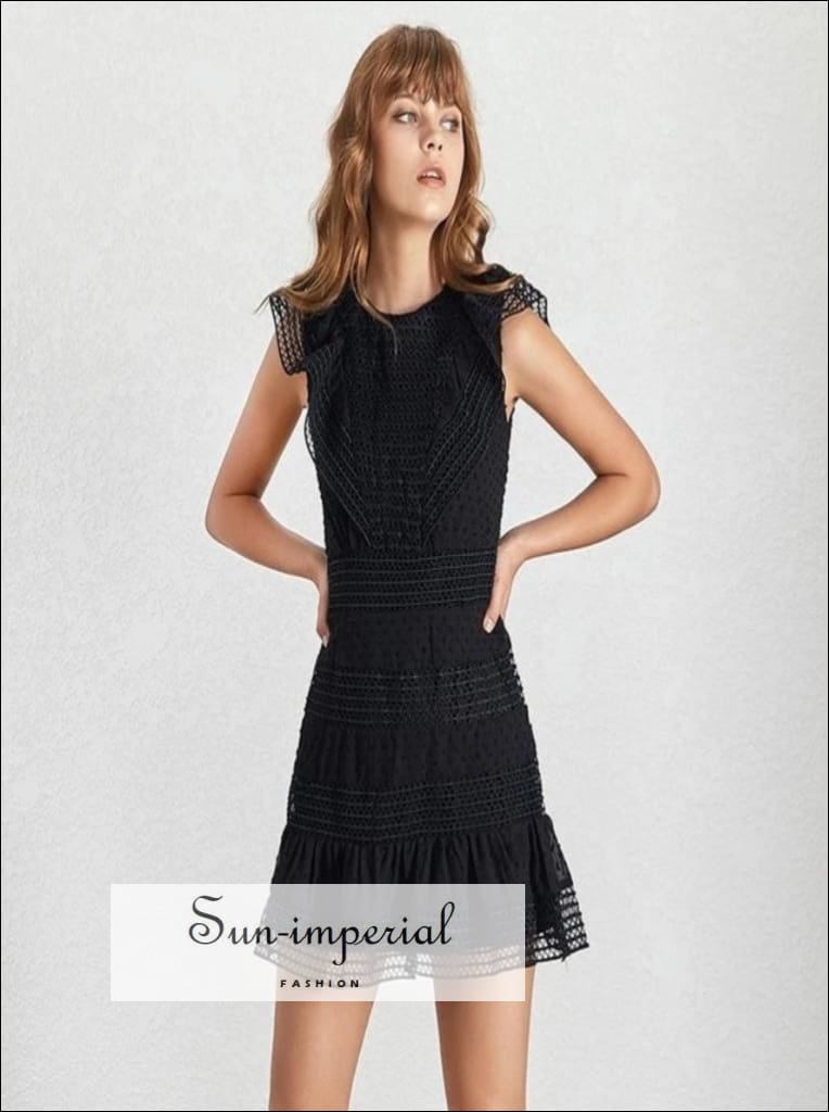 Juliana Dress- Solid a Line Solid White and Black Sleeveless Lace Mini Ruffles Dress