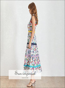 Kaia Dress - Women Vintage A-line Midi Floral Print Square Neckline Cami Strap Colors Print, High Waist, Collar, vintage, SUN-IMPERIAL 