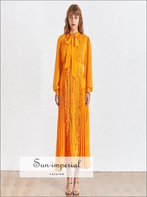 Kalani Dress- Vintage Orange Maxi Lace Elegant Dress Bow Knot Collar Long Sleeve
