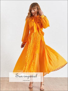 Kalani Dress- Vintage Orange Maxi Lace Elegant Dress Bow Knot Collar Long Sleeve