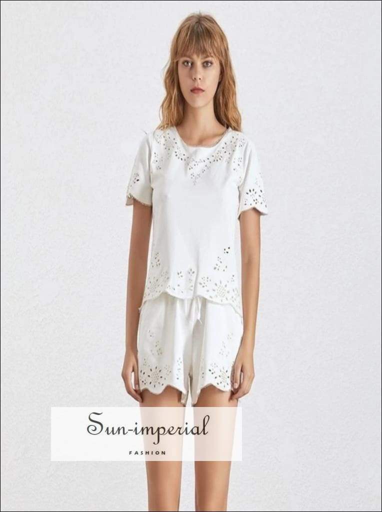 Sun-Imperial Kayla Shorts Set - Solid White Two Piece Shorts Set for Women O Neck Short Sleeve top High Waist