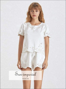 Sun-Imperial Kayla Shorts Set - Solid White Two Piece Shorts Set for Women O Neck Short Sleeve top High Waist