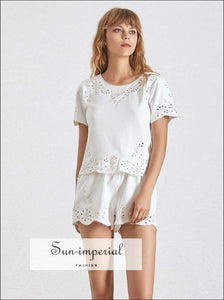 Sun-Imperial Kayla Shorts Set - Solid White Two Piece Shorts Set for Women O Neck Short Sleeve top High Waist