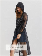 Kaylee Coat - Solid Black and White Vintage Sheer Chiffon Embroidery Women Windbreaker Hooded Long