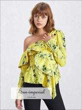 Kim top - Casual Print off Shoulder Women Blouse Long Sleeve Irregular Ruffles Slim Shirt