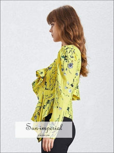 Kim top - Casual Print off Shoulder Women Blouse Long Sleeve Irregular Ruffles Slim Shirt