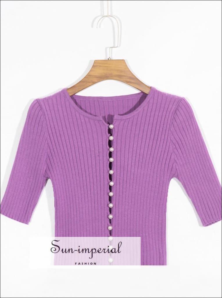 Purple Knitted Pearl Buttoned Cardigan Sweater O Neck Short Sleeve Sweater