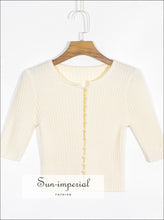 Cream Knitted Pearl Buttoned Cardigan Sweater O Neck Short Sleeve Sweater