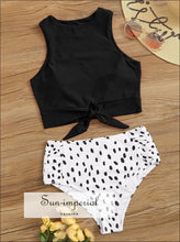 Knot front top with Dot High Waist Bikini Set - Black Striped bottom SUN-IMPERIAL United States