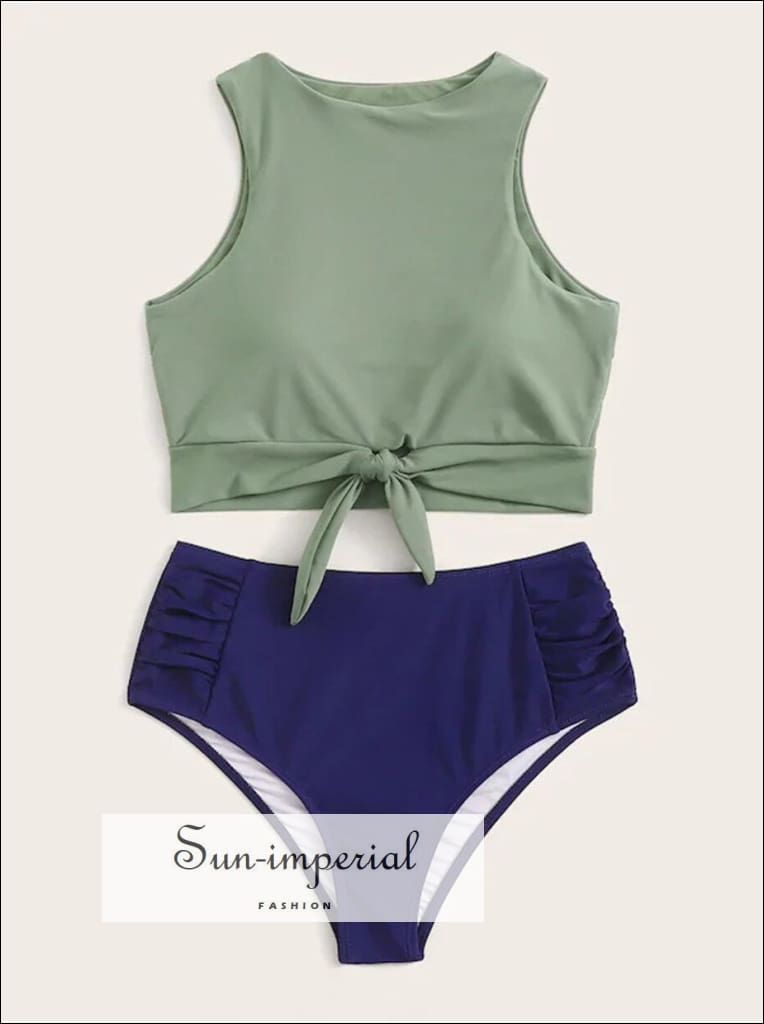 Knot front top with Dot High Waist Bikini Set - Black Striped bottom SUN-IMPERIAL United States