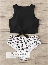 Knot front top with Dot High Waist Bikini Set - Black White Leopard bottom SUN-IMPERIAL United States