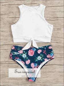 Knot front top with Dot High Waist Bikini Set - Blue Floral bottom SUN-IMPERIAL United States