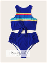 Knot front top with Dot High Waist Bikini Set - Blue Rainbow bottom SUN-IMPERIAL United States