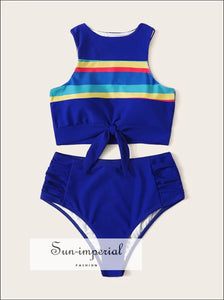 Knot front top with Dot High Waist Bikini Set - Blue Striped bottom SUN-IMPERIAL United States