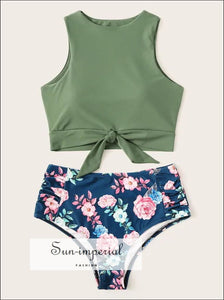 Knot front top with Dot High Waist Bikini Set - Green Black Floral bottom SUN-IMPERIAL United States