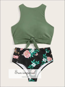 Knot front top with Dot High Waist Bikini Set - Green Striped bottom SUN-IMPERIAL United States