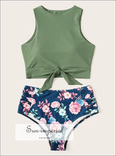 Knot front top with Dot High Waist Bikini Set - Green Tropical bottom SUN-IMPERIAL United States