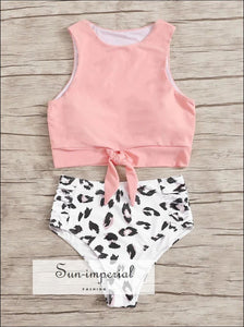 Knot front top with Dot High Waist Bikini Set - Pink White Leopard bottom SUN-IMPERIAL United States