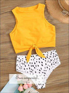 Knot front top with Dot High Waist Bikini Set - Red top and with Black Spot High Waist bottom