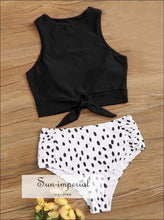 Knot front top with Dot High Waist Bikini Set - Red top and with Black Spot High Waist bottom