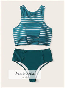 Knot front top with Dot High Waist Bikini Set - Striped Turquoise and bottom SUN-IMPERIAL United States