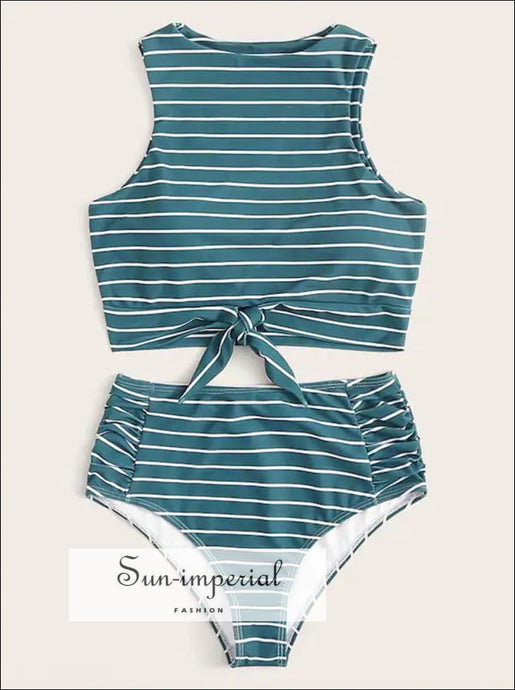 Knot front top with Dot High Waist Bikini Set - Striped Turquoise and bottom SUN-IMPERIAL United States