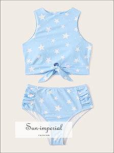 Knot front top with Dot High Waist Bikini Set - Teal Star Print and bottom SUN-IMPERIAL United States