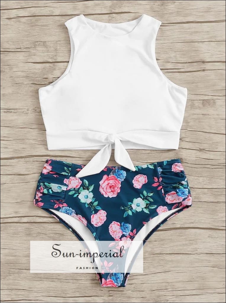 Sun-imperial knot front top with dot high waist bikini set