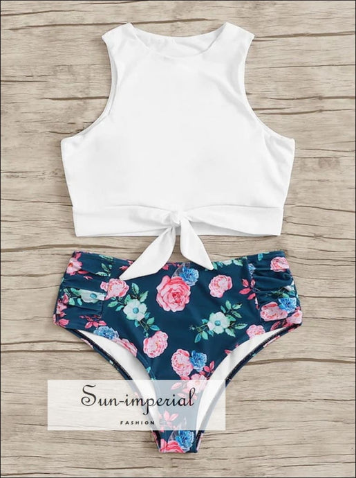 Knot front top with Dot High Waist Bikini Set - White Blue Floral bottom SUN-IMPERIAL United States