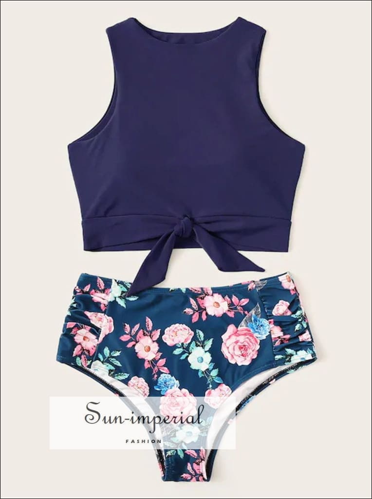 Knot front top with Dot High Waist Bikini Set - White Blue Floral bottom SUN-IMPERIAL United States