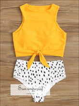 Knot front top with Dot High Waist Bikini Set - White Daisy Print and Black bottom SUN-IMPERIAL United States