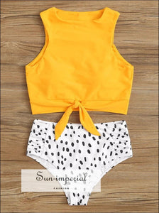 Sun-imperial - knot front top with dot high waist bikini set - white ...