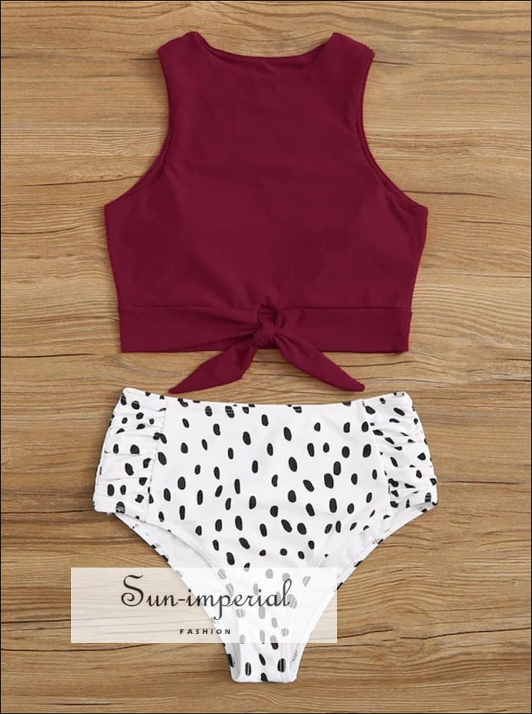 Sun-imperial - knot front top with dot high waist bikini set - white ...