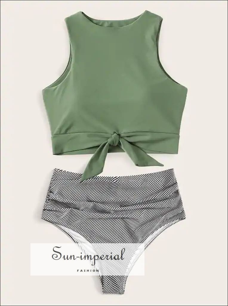 Knot front top with Dot High Waist Bikini Set - White Striped and bottom SUN-IMPERIAL United States