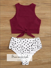 Knot front top with Dot High Waist Bikini Set - Wine Red White Black bottom SUN-IMPERIAL United States